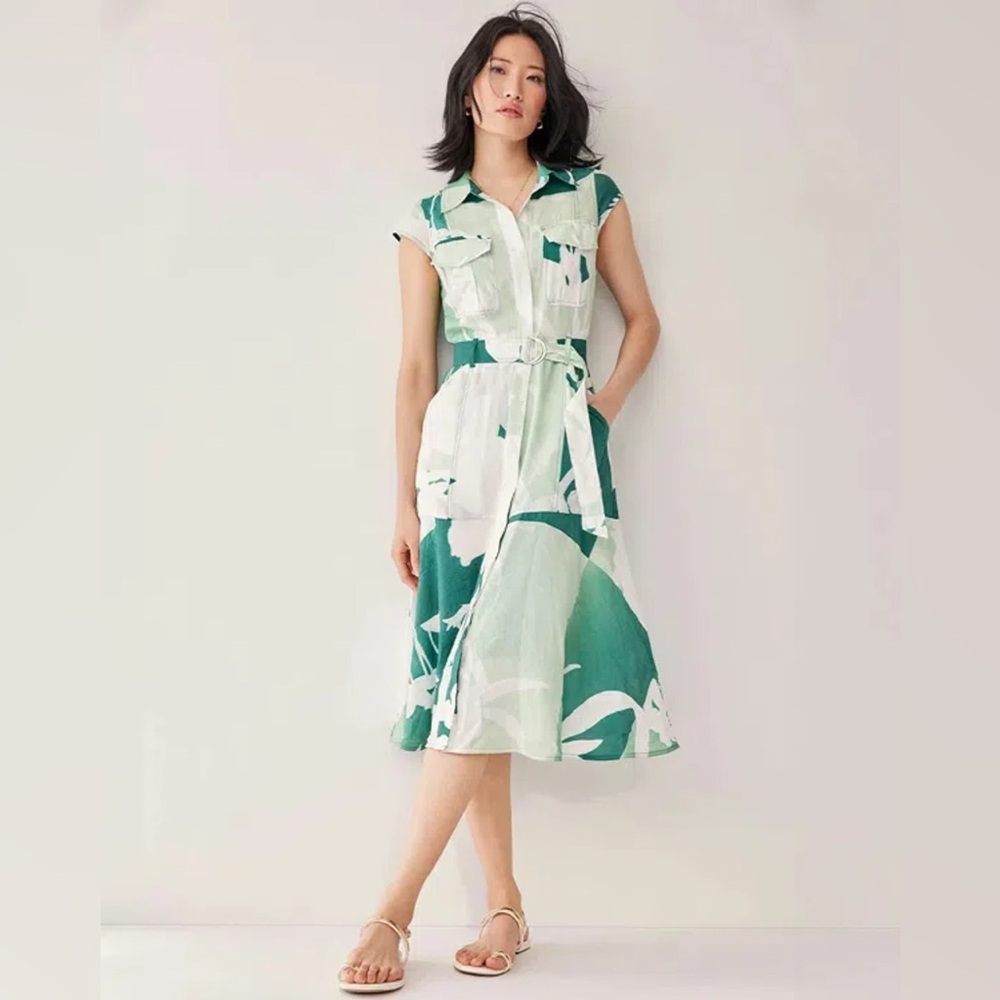 WHBM Utility Midi Shirt Dress in Jungle Patch with Belted Waist Size 12